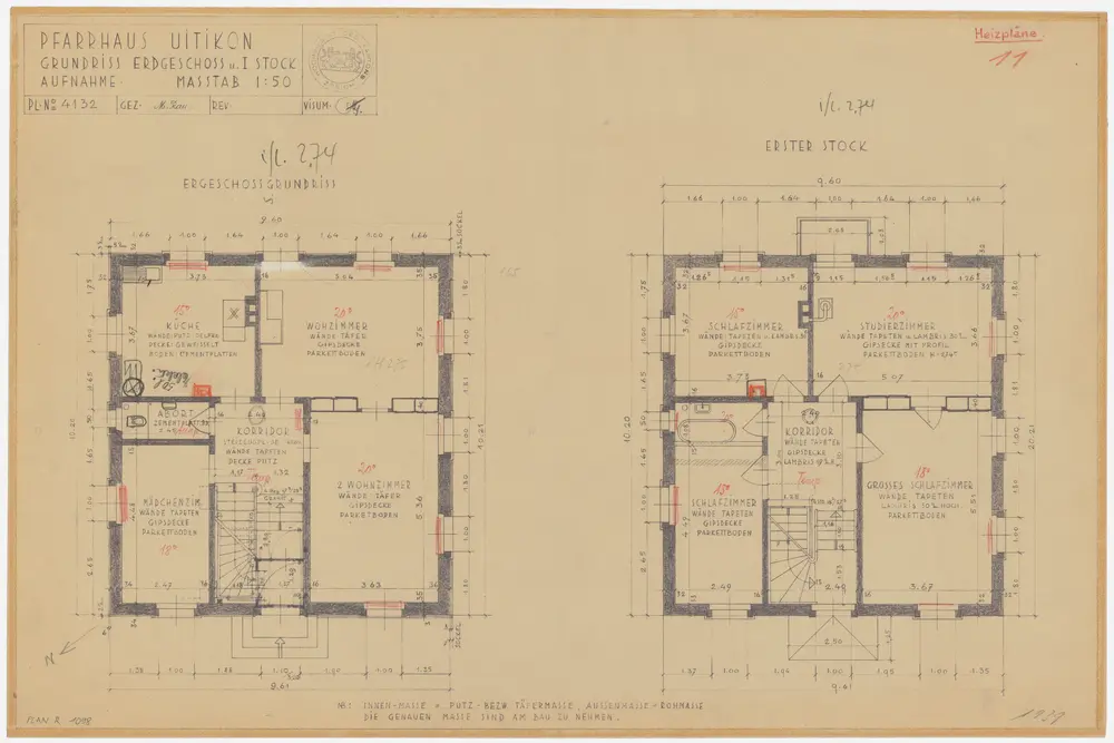 Uitikon: Pfarrhaus, Erdgeschoss und 1. Stock; Grundrisse (Nr. 11)