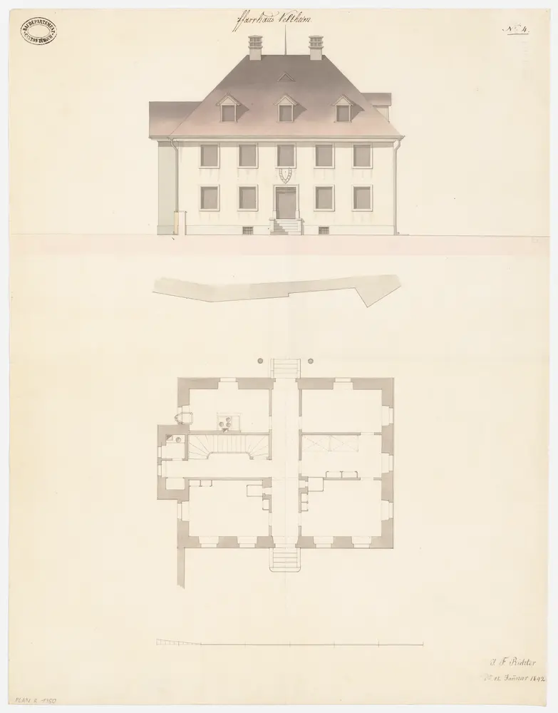 Veltheim: Pfarrhaus; Grundriss des Erdgeschosses und Ansicht (Nr. 4)