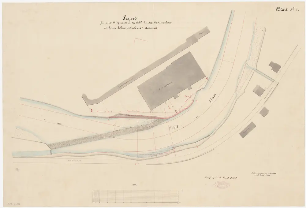 Adliswil: Sihl bei der Seidenweberei Schwarzenbach und Cie., projektierte Stützmauer; Situationsplan (Blatt Nr. 1)