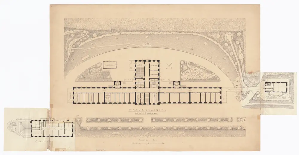 Kantonale Frauenklinik, Hauptgebäude, Fieber-Pavillon und Waschhaus: Erdgeschoss; Grundrisse
