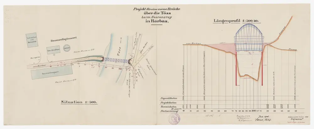 Rorbas: Projektierte neue, eiserne Fachwerkbrücke über die Töss beim Heerensteg; Situationsplan und Längsprofil