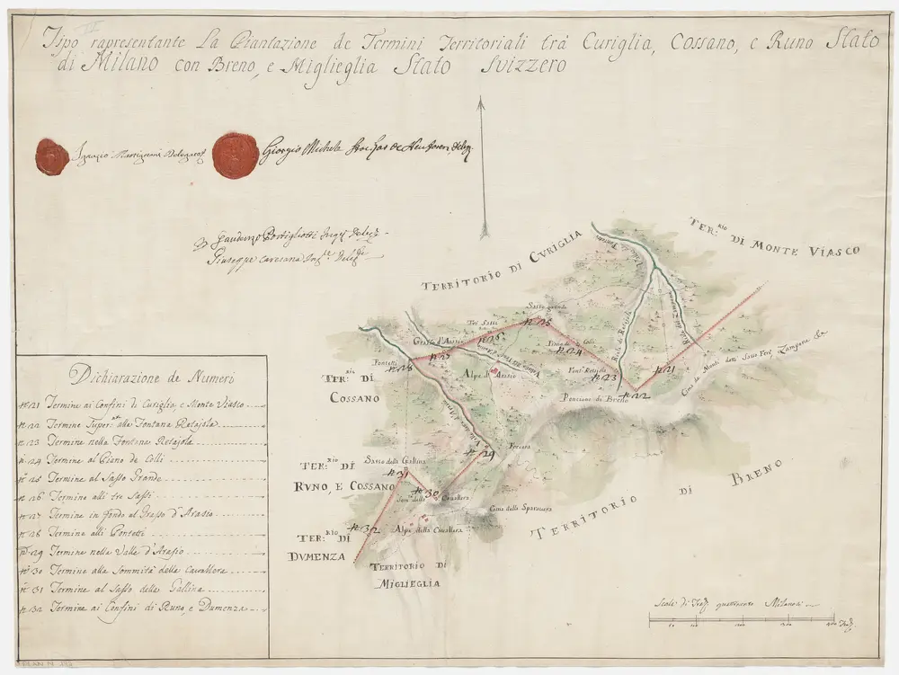 Strittige Grenze zwischen der Schweiz und dem Herzogtum Mailand bei Breno, Miglieglia, Curiglia, Cossano und Runo; Grundriss