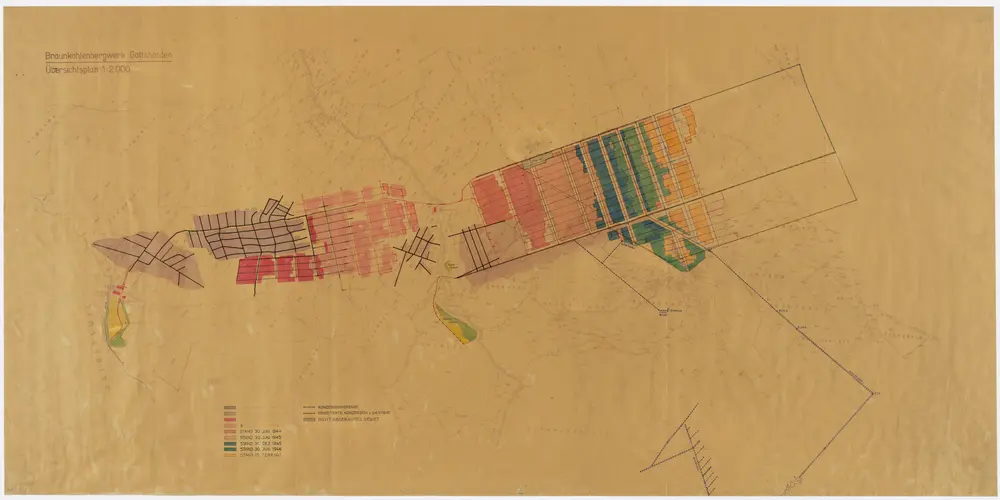 Horgen: Kohlebergwerk Käpfnach, Bereiche Gottshalden und Gwandlen, Abbaugebiete von 1861 bis 1947 und Konzessionen; Übersichtsplan