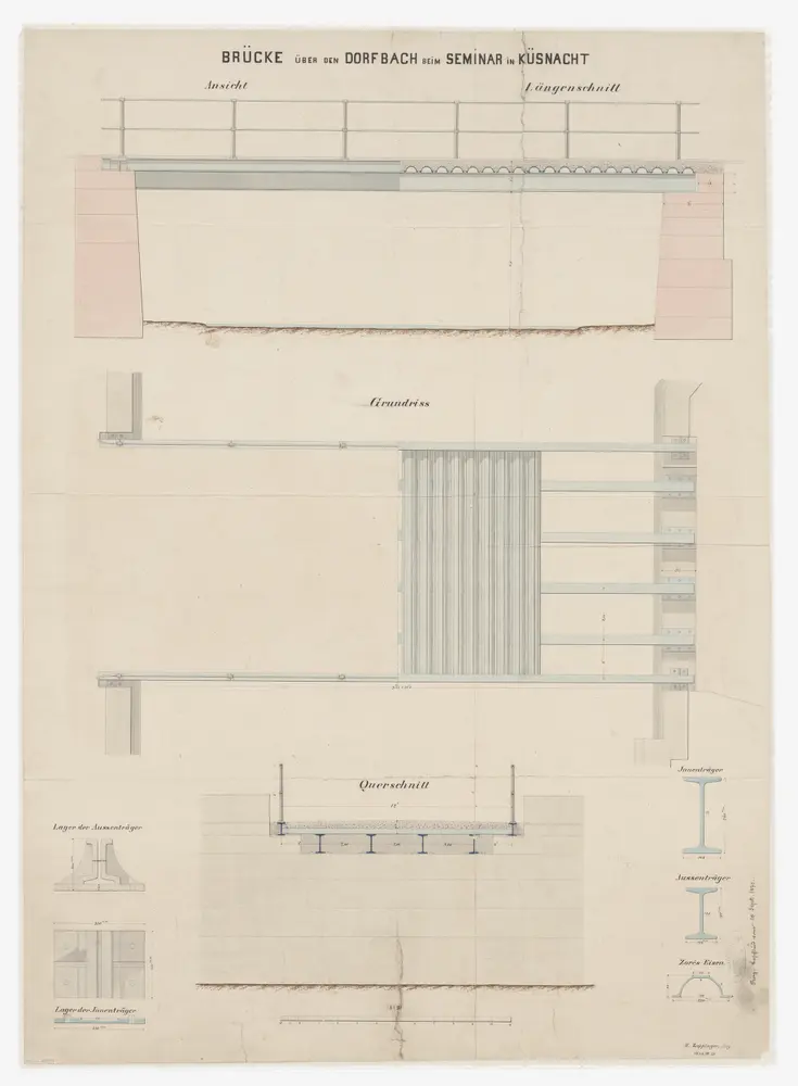 Küsnacht: Brücke über den Dorfbach beim Seminar; Seitenansicht, Grundriss und Schnitte