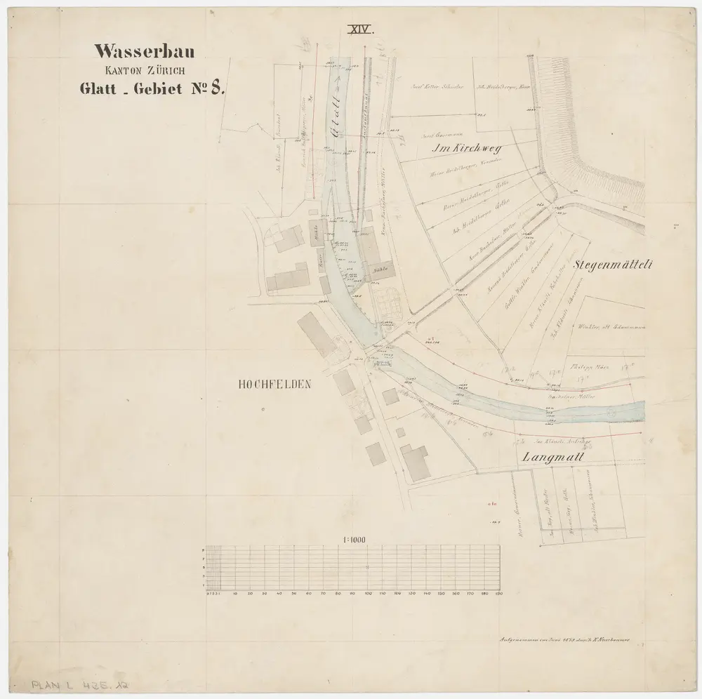 Rümlang bis Bülach: Glatt von der Mühle in Rümlang bis zum Zieglenwehr in Bülach; Grundrisse (Glatt-Gebiet Nr. 8): Blatt XIV: Glatt bei der Mühle in Hochfelden; Grundriss (Glatt-Gebiet Nr. 8)