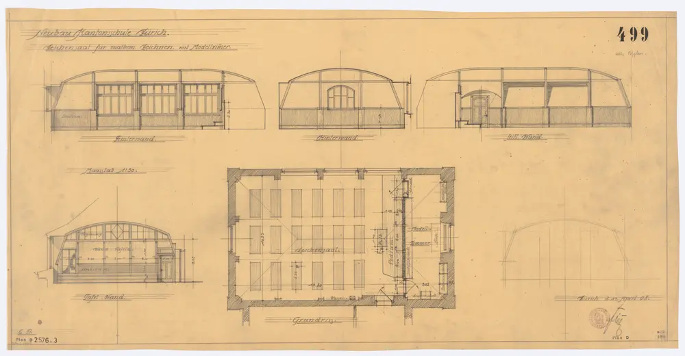 Universität Zürich (Chemisches Institut) und Kantonsschule Zürich, Neubau Rämistrasse 76: Einrichtung: Zeichnungssaal für mathematisches Zeichnen; Ansichten und Grundriss