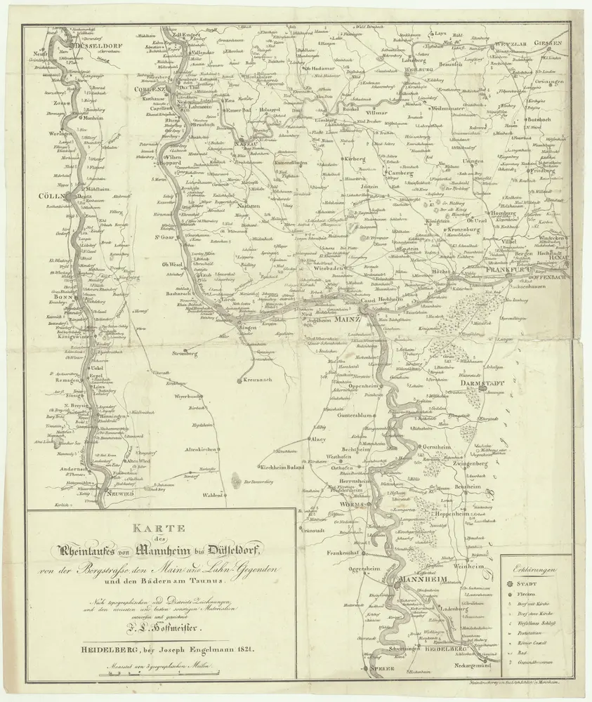 Karte des Rheinlaufes von Mannheim bis Düsseldorf von der Bergstrasse, den Main- und Lahn- Gegenden und den Bädern am Taunus