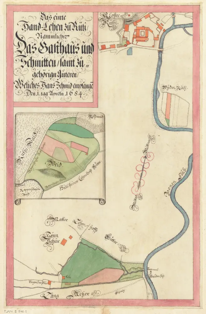 Rüti, Dürnten, Bubikon, Wald, Goldingen SG: Grundriss und Beschreibung der Güter, Waldungen und Handlehen des Amts Rüti sowie der beiden Alpen Scheidegg und Boalp (ältere Schreibweise: Poo-Alp), Band I: Seite 36: Erstes Handlehen zu Rüti, nämlich Gasthaus und Schmiede samt zugehöriger in der Herrschaft Grüningen gelegener Güter; Grundriss