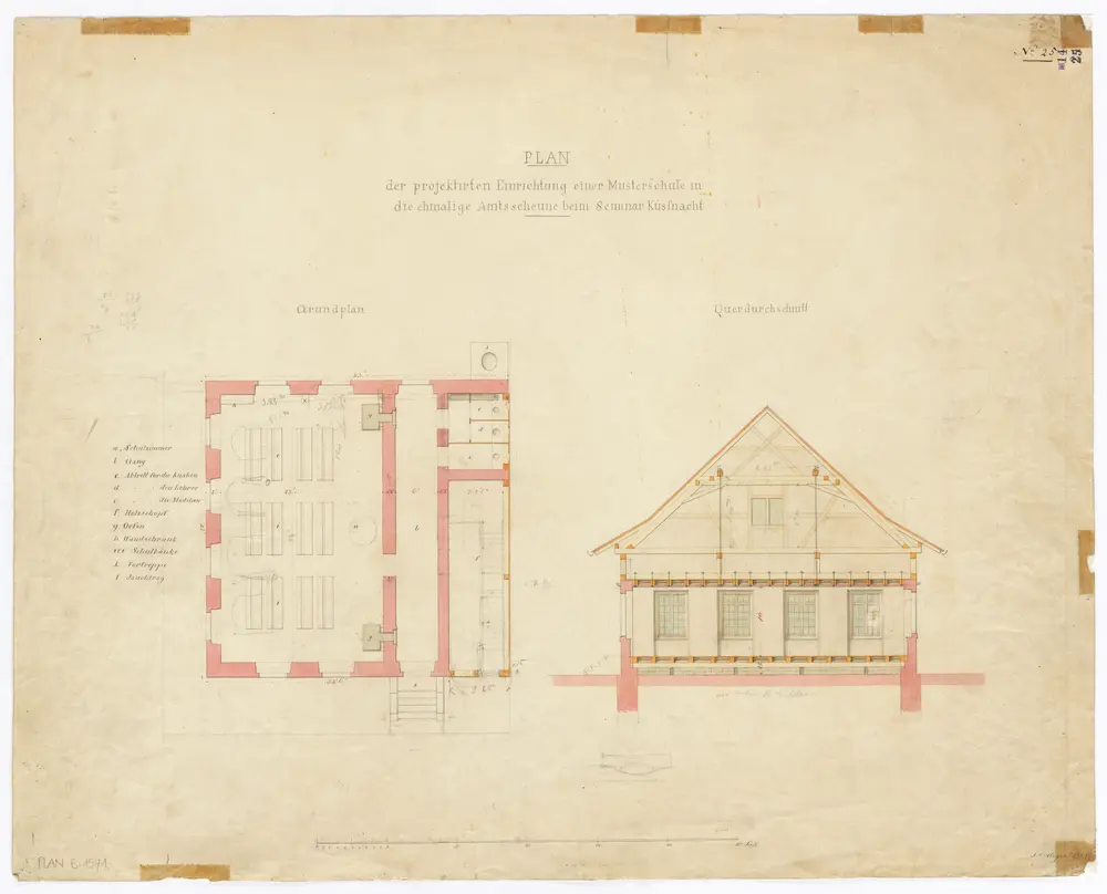 Küsnacht: Seminar, projektierte Einrichtung einer Musterschule in der ehemaligen Amtsscheune; Grundriss und Querschnitt