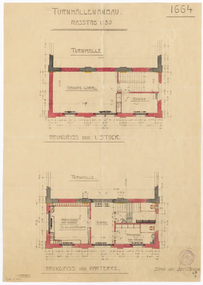 Küsnacht: Seminar, Turnhalle, Erdgeschoss und 1. Stock; Grundrisse