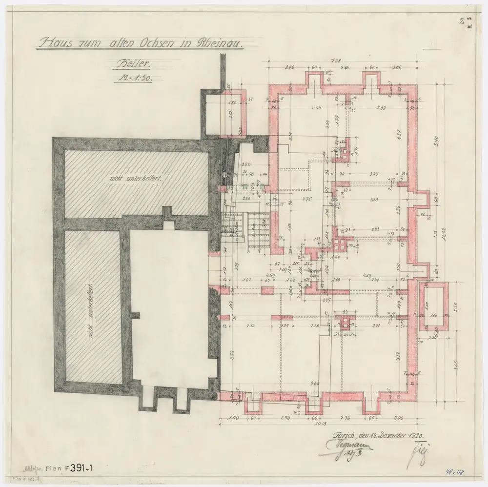 Gemeinde Rheinau: Haus zum alten Ochsen: Kellergeschoss; Grundriss