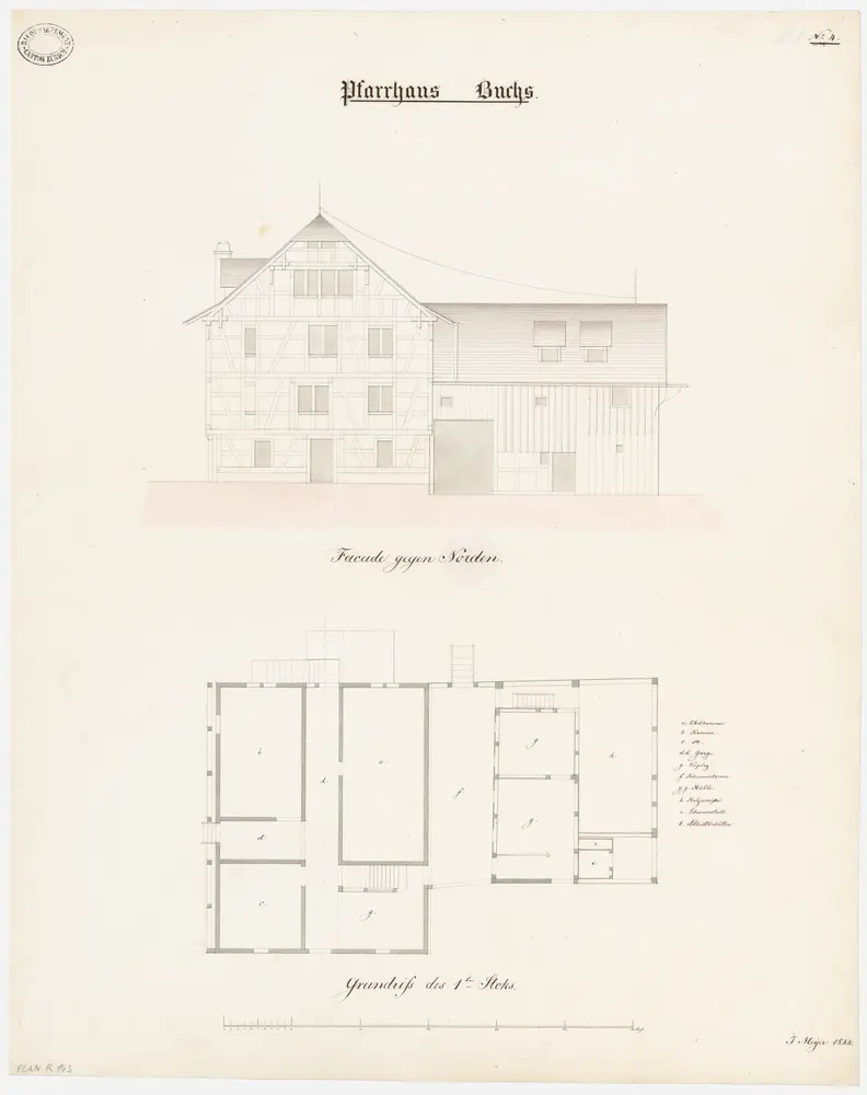 Buchs: Pfarrhaus; Nordansicht und Grundriss des 1. Stocks (Nr. 4)