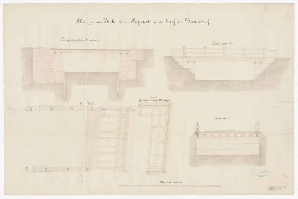 Birmensdorf: Brücke über die Reppisch in der Güpf; Seitenansicht, Grundriss und Schnitte