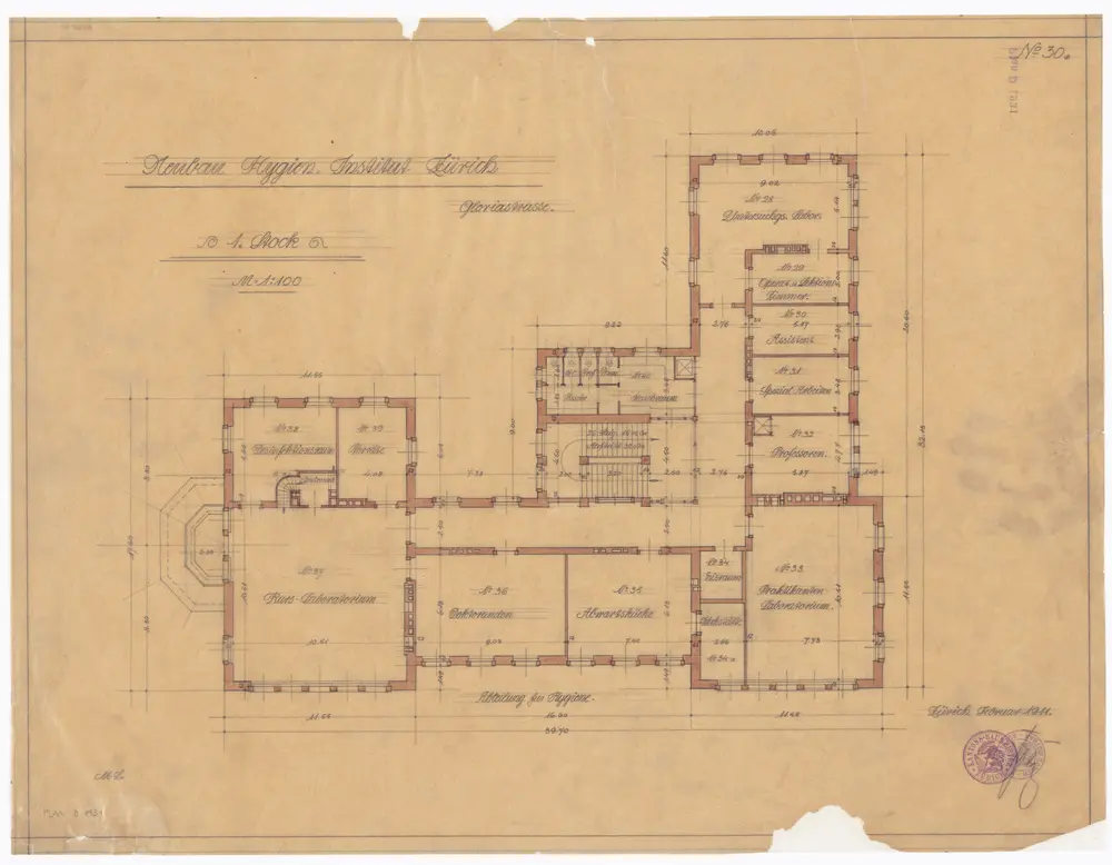 Hygiene-Institut, Neubau an der Gloriastrasse: 1. Stock; Grundriss