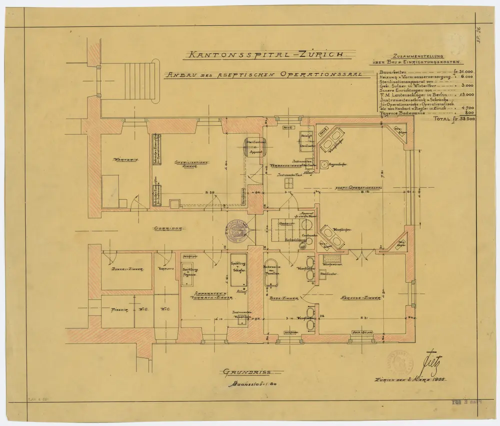 Zürich: Kantonsspital, Anbau des aseptischen Operationssaals; Grundriss