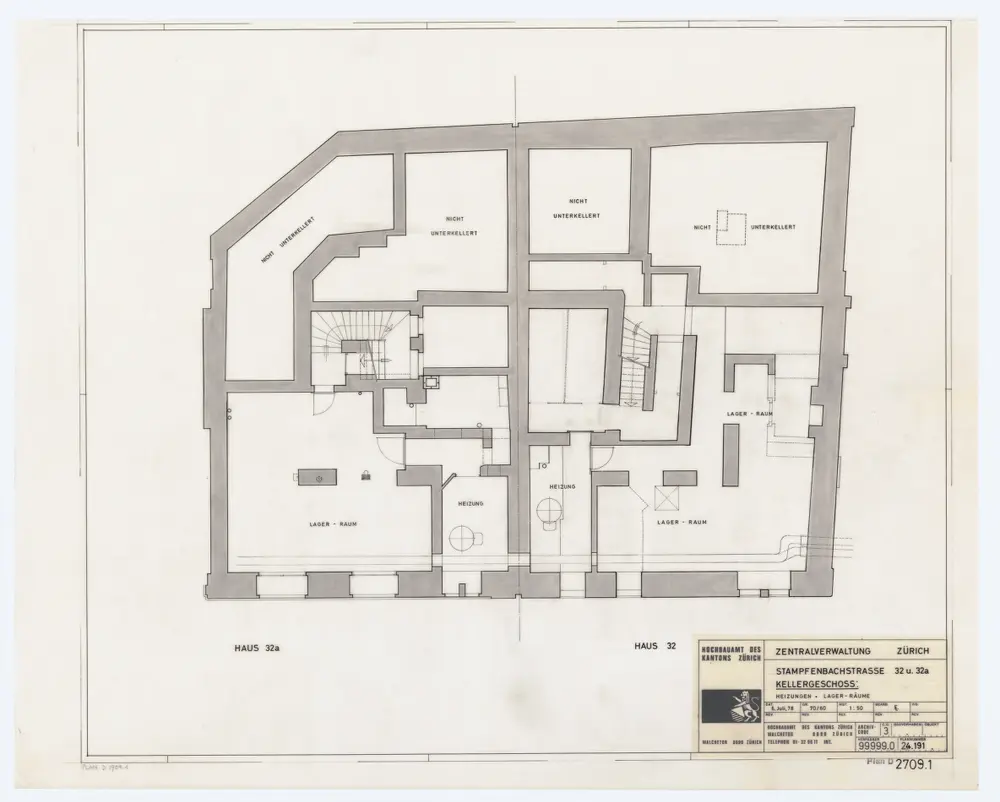 Zentralverwaltung, Stampfenbachstrasse 32 und 32 a: Grundrisse: Keller; Grundriss