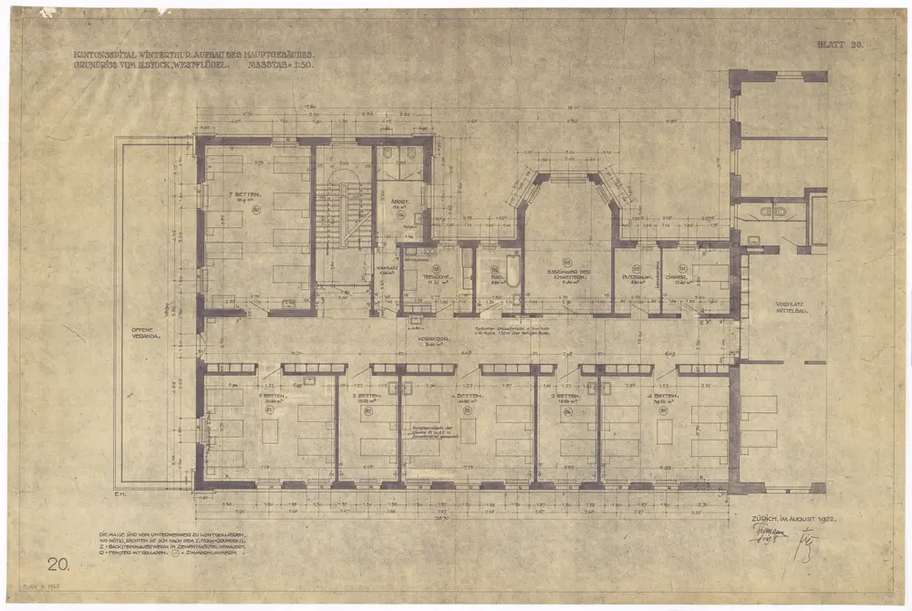 Winterthur: Kantonsspital, Hauptgebäude, Aufbau, Westflügel, 2. Stock; Grundriss (Nr. 20)