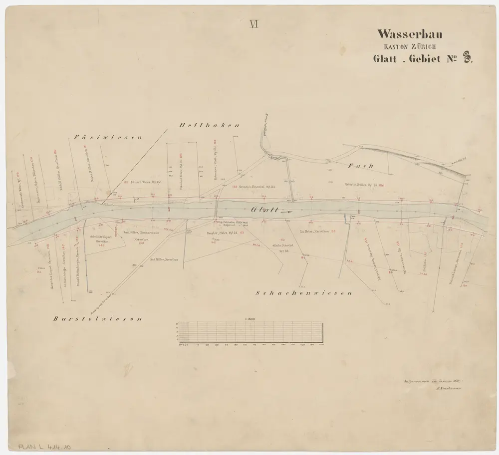 Fällanden bis Wallisellen: Greifensee bis zum Neugut in Wallisellen, projektierte Glattkorrektion; Grundrisse (Glatt-Gebiet Nr. 3): Blatt VI: Glatt bei den Schachenwiesen in Dübendorf-Hermikon; Grundriss (Glatt-Gebiet Nr. 3)