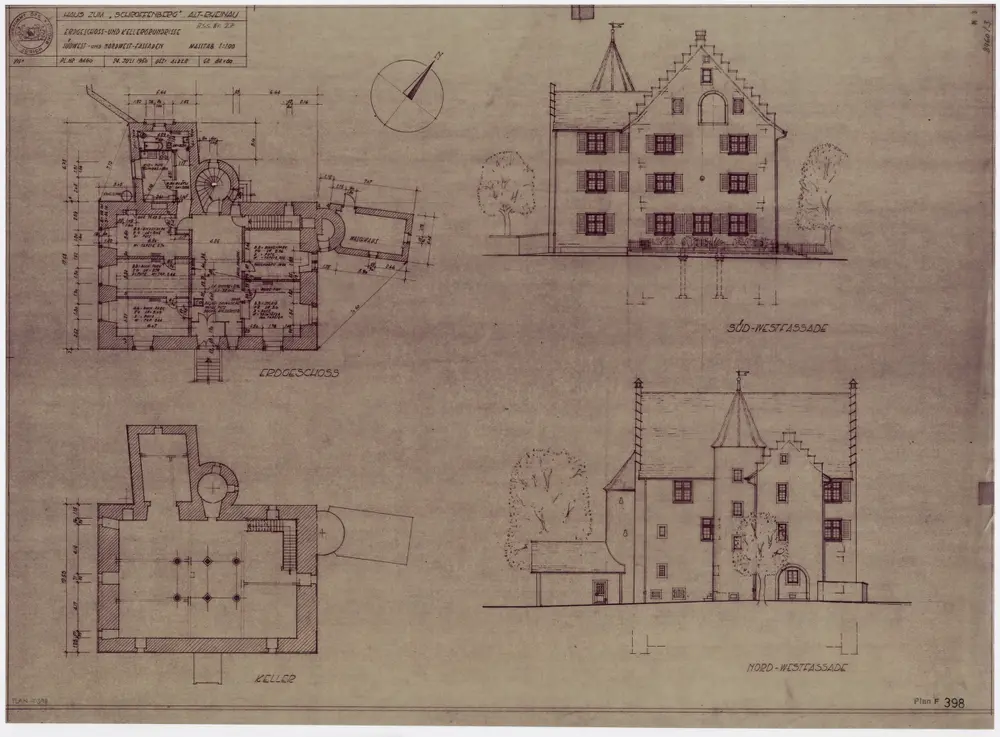 Heil- und Pflegeanstalt Alt-Rheinau: Haus zum Schroffenberg; Ansichten und Grundrisse