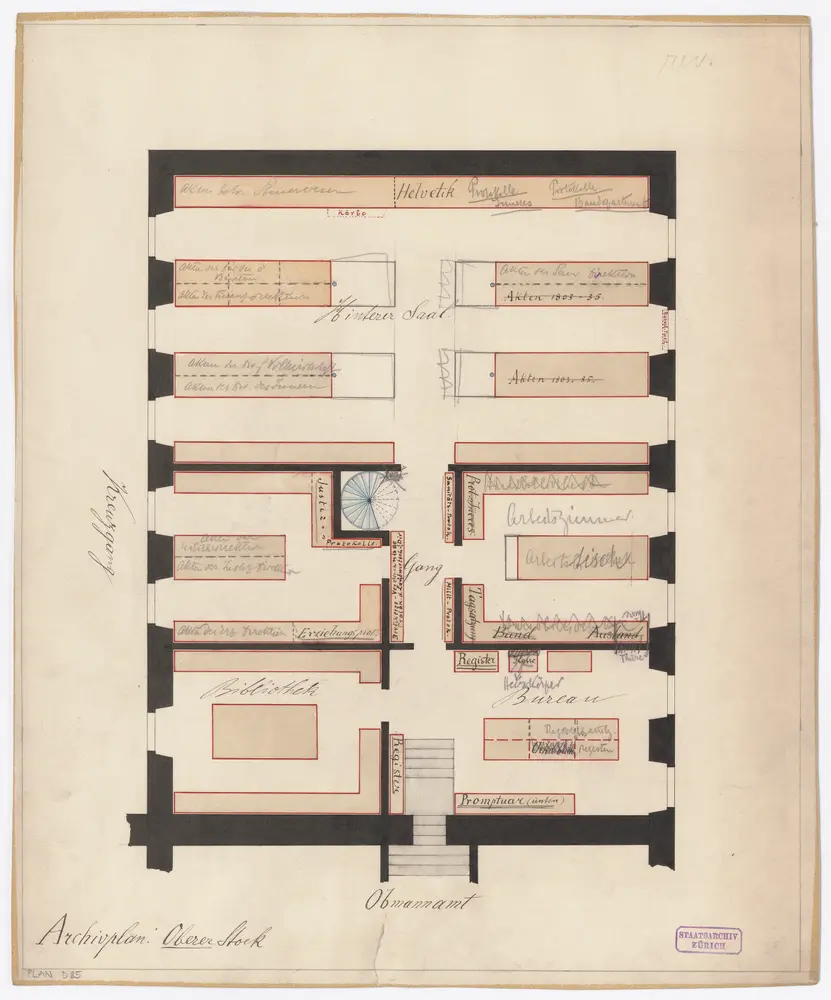 Staatsarchiv im Obmannamt: Westflügel; Oberer Stock mit Belegungsplan; Grundriss
