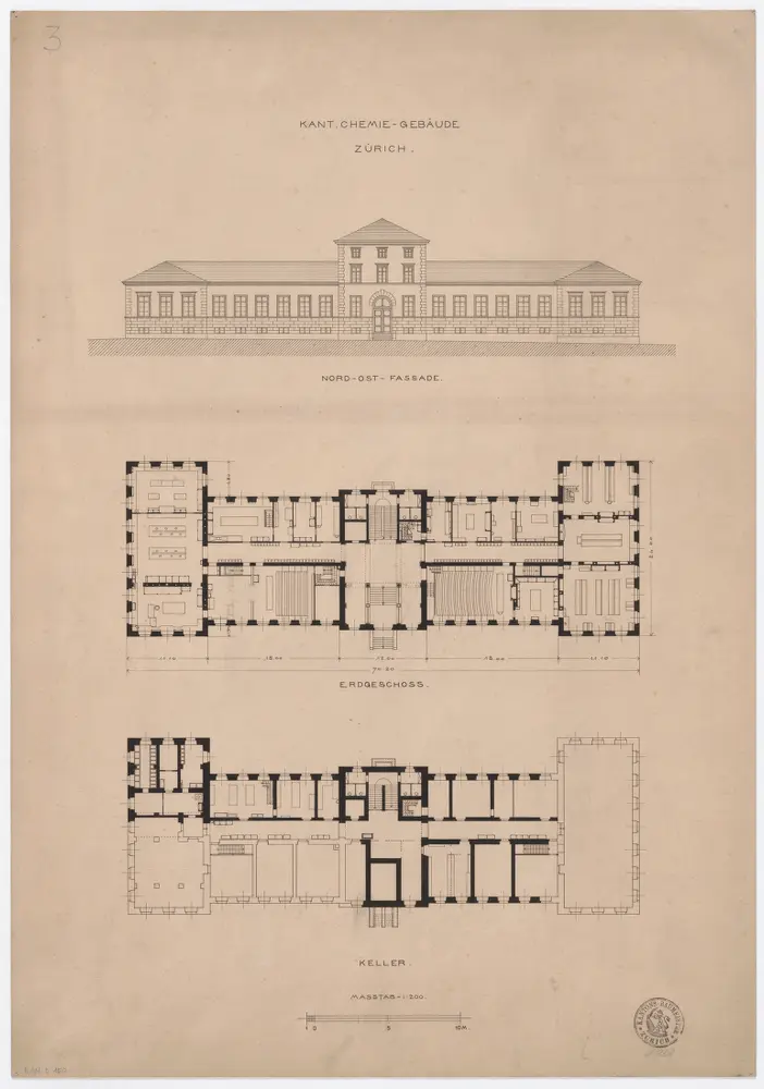 Kantonales Chemiegebäude: Ansicht und Grundrisse (Keller und Erdgeschoss)