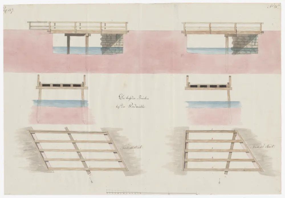 Zürich: Zwei hölzerne Balkenbrücken bei der Werdmühle; Seitenansichten, Grundrisse und Schnitte