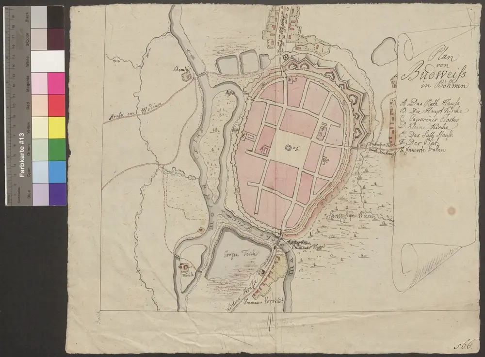 HZAN GA 100_Nr. 774_ : Budweis; "Plan von Budweis in Böhmen" [Festungsplan];ohne Verfasser;ohne Maßstab;38,5 x 32 cm;Kartenrand: Straße nach Wessely; Zeichenerklärung; Crumauer Vorstadt; Straße nach Wodian;Papier; Siedlung im Grundriß; Gewässer in Wasserfarben; rechts Erklärung.