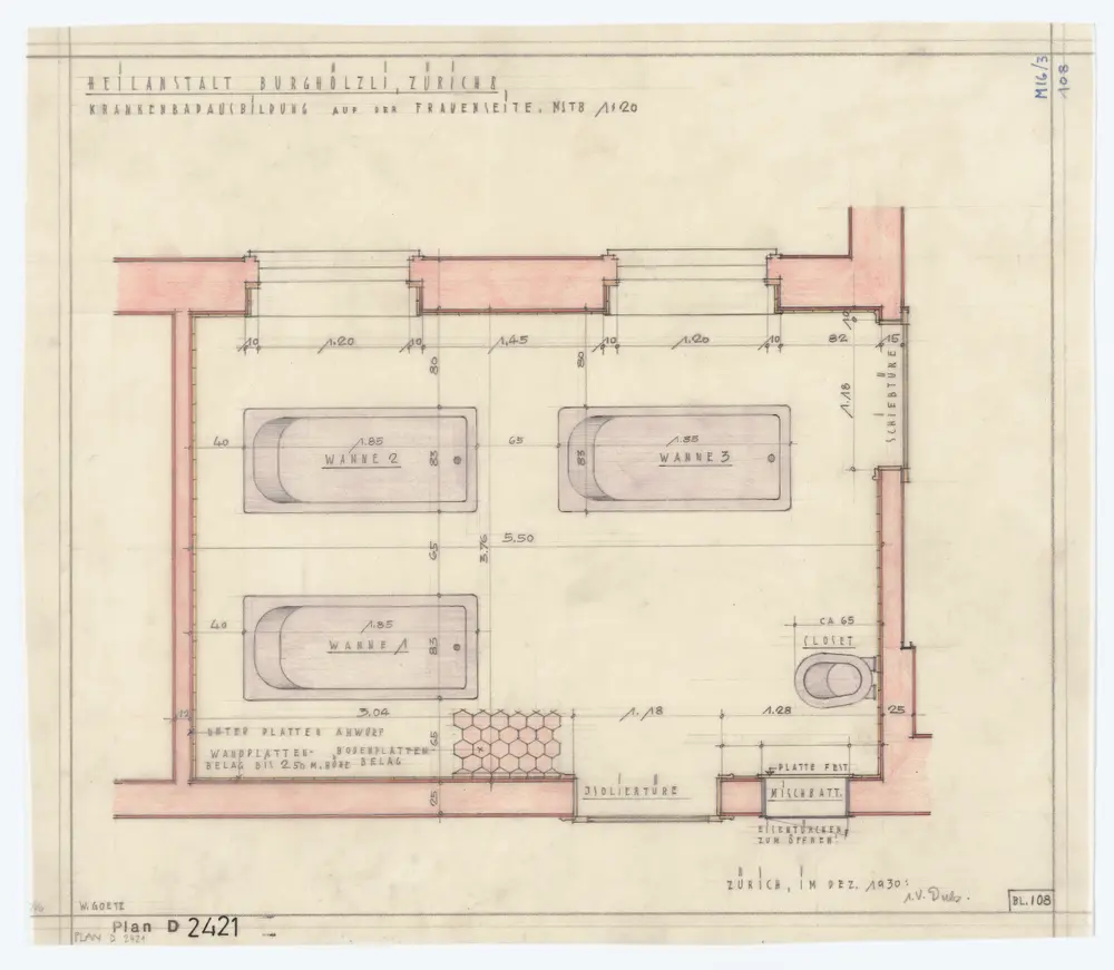 Heilanstalt Burghölzli: Frauenabteilung, Wannenbäder; Grundrisse
