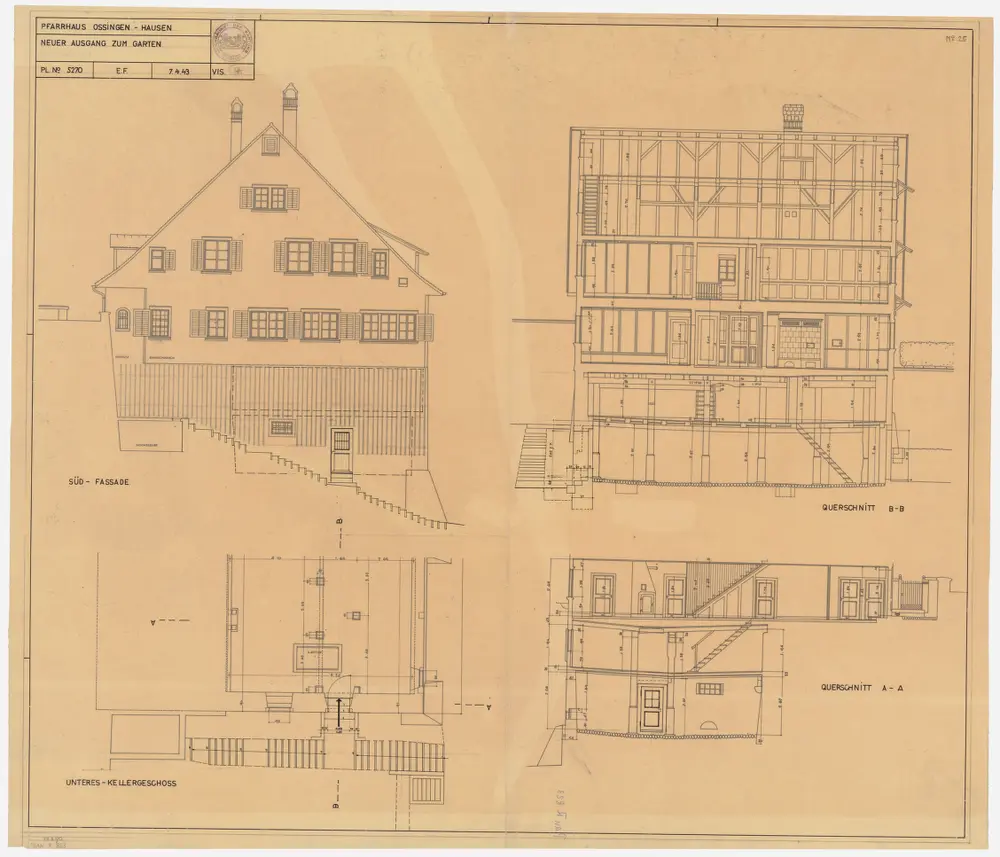 Ossingen: Pfarrhaus; Ansicht, Längs- Querschnitt, Grundriss des Kellers (Nr. 25)