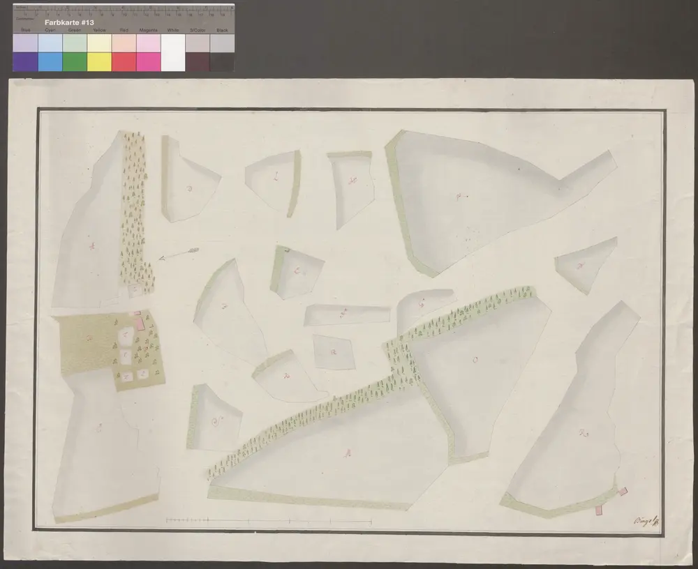 HZAN GA 100_Nr. 359_ : SchillingsfürstGeometrische Grundrisse zu Güterstücken;Bürgel;50 Ruten = 18,8 cm;57 x 45 cm;Wasserfarben; Felder, Waldungen und Häuser besonders hervorgehoben; Grenzsteine.