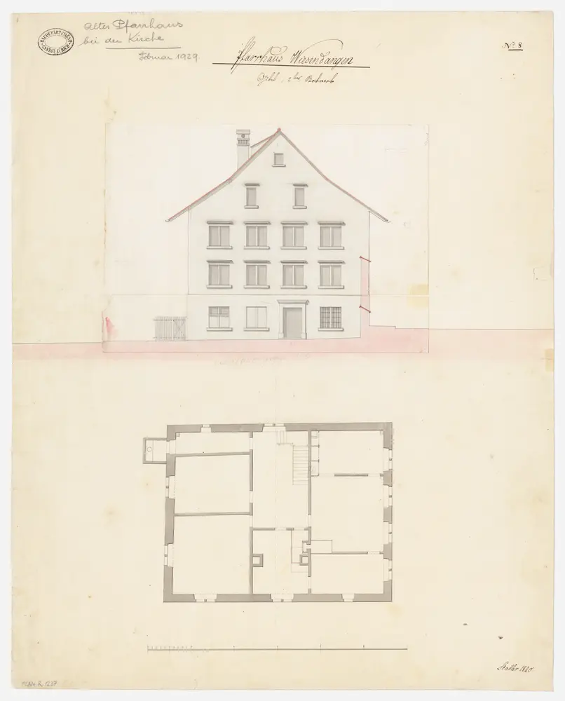 Wiesendangen: Altes Pfarrhaus bei der Kirche; Grundriss des 2. Stocks und Westansicht (Nr. 8)