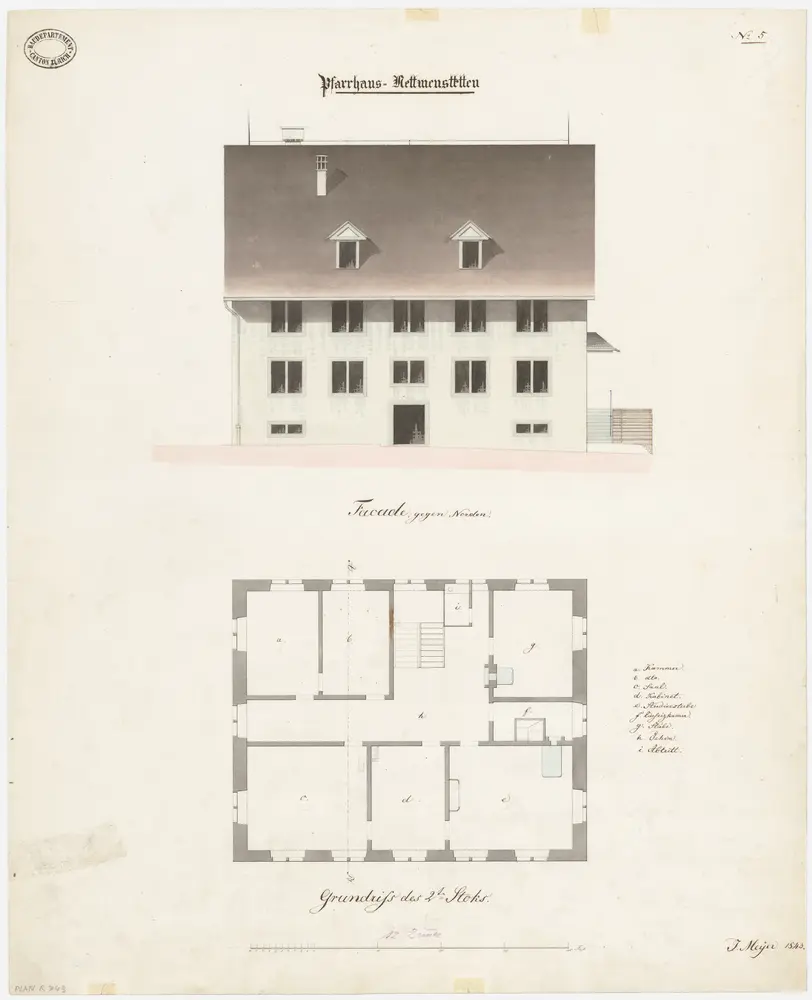 Mettmenstetten: Pfarrhaus; Nordansicht und Grundriss des 2. Stocks (Nr. 5)