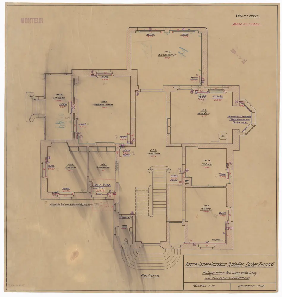 Schindlergut Zürich 6: Umbau für Generaldirektor Schindler-Escher; Parterre; Warmwasserheizungsanlage; Grundriss