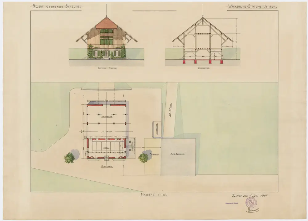Uetikon am See: Wäckerlingstiftung, Projekt für neue Scheune; Vorderansicht, Grundriss und Querschnitt