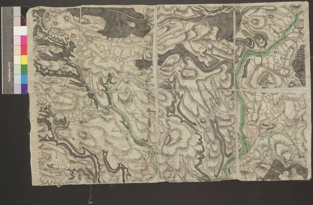 HZAN GA 100_Nr. 776_ : Jung-Bunzlau; [ohne Titel];ohne Verfasser;ohne Maßstab;64,5 x 41 cm;Kartenrand: Kroitz-Frauenhaus-Neudorff; Tantschen-Kosmane-Woditz; Kluitzka-Großhorta-Chlumek; Dobrawitz-Wratno-Kadlen;Papier auf Leinwand; Federzeichnung mit Schraffen; Siedlungen im Grundriß; Gewässer und Talauen in Wasserfarben.