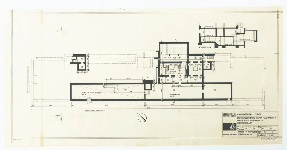 Kantonsspital Zürich (Dermatologische Klinik), Gloriastrasse 31: Röhrenkeller; Grundrisse und Schnitte: Geschoss A, Röhrenkeller; Grundriss und Schnitt A-A