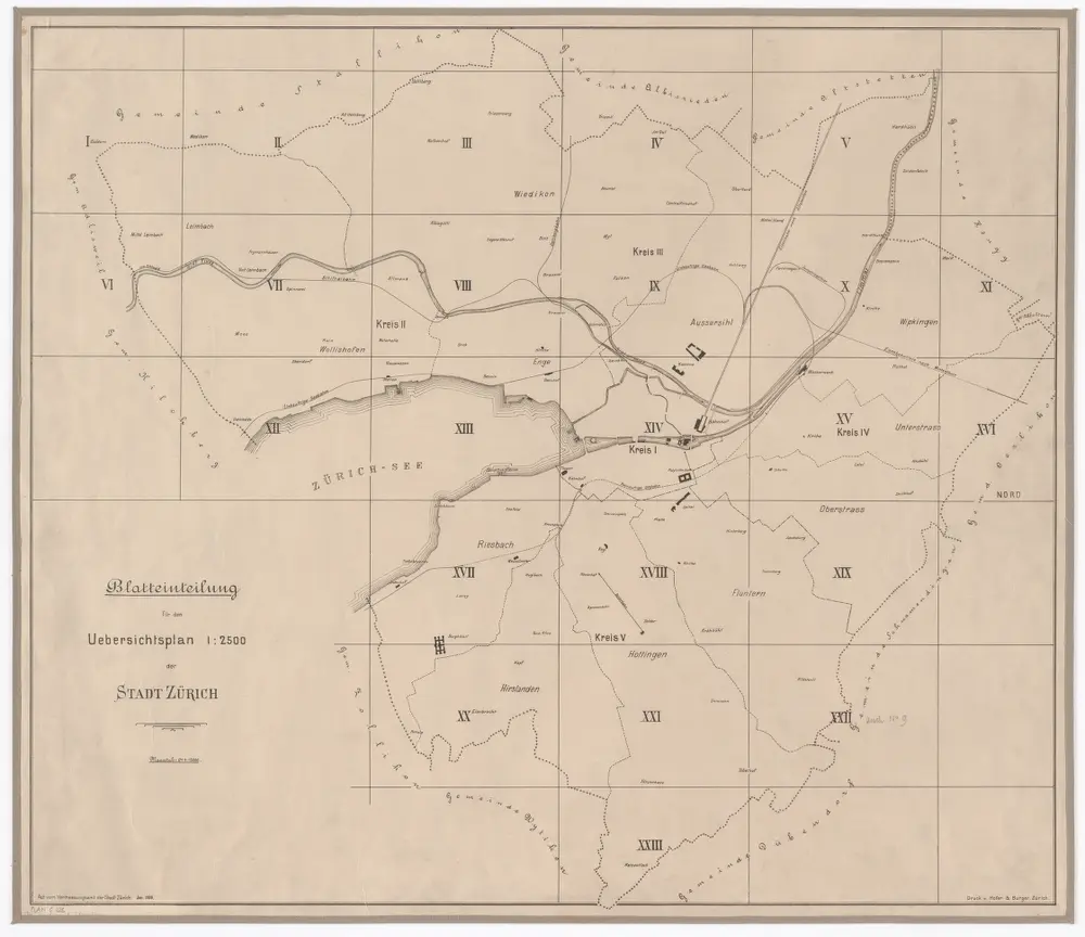 Übersichtsplan der Stadt Zürich und der umliegenden Gemeinden in 23 Blättern: Übersicht der Blätter
