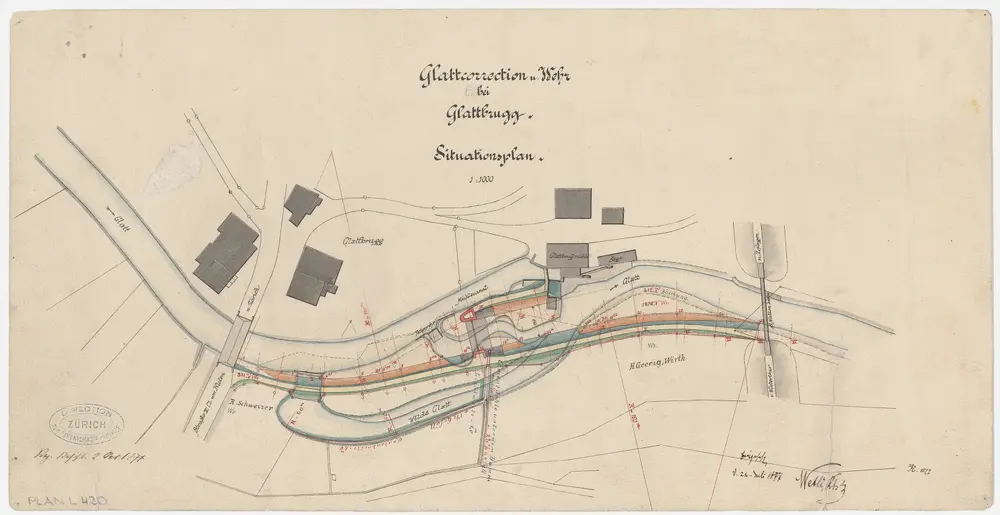 Opifkon: Brücke in Glattbrugg bis zur Eisenbahnbrücke in Glattbrugg, Glattkorrektion, Wehr bei Glattbrugg, 1877/1878 ausgeführtes Projekt; Situationsplan