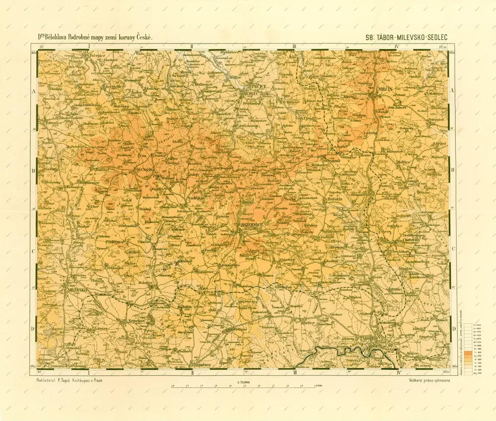 Podrobné mapy zemí Koruny české v měřítku 1:75.000 a mapa vzdáleností všech míst při silnici ležících - Tábor - Milevsko - Sedlec. Průvodce statisticko-historický po všech místech na těchto mapách uvedených a rejstřík věcný názvů hor, potoků, řek, rybníků atd. Sešit 44. List 58,