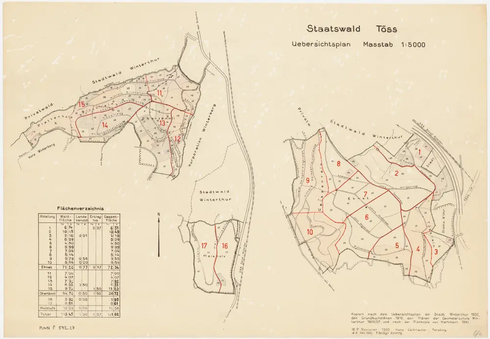 Winterthur, Töss, Lindau: Staatswaldung: Lindau, Winterthur: Ebnet, Obertännli, Meisholz (Maisholz), Birch, Blattenholz (Plattenholz), Geissrain, Tössrain; Übersichtsplan