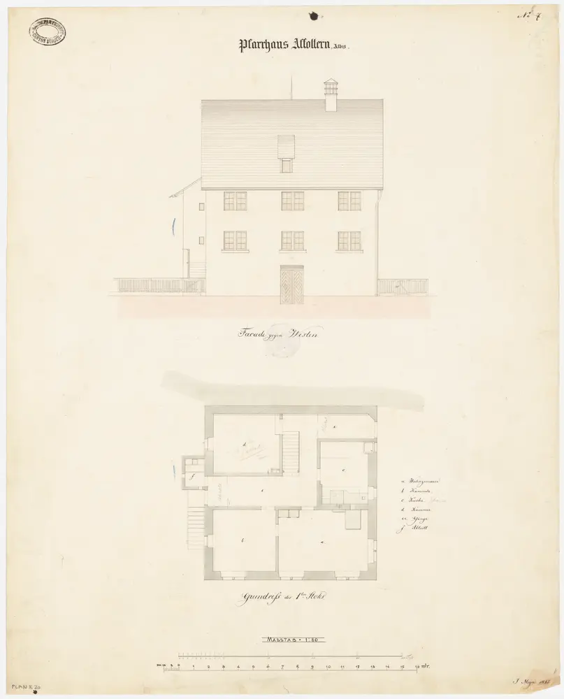 Affoltern am Albis: Pfarrhaus; Westansicht und Grundriss des 1. Stocks (Nr. 7)