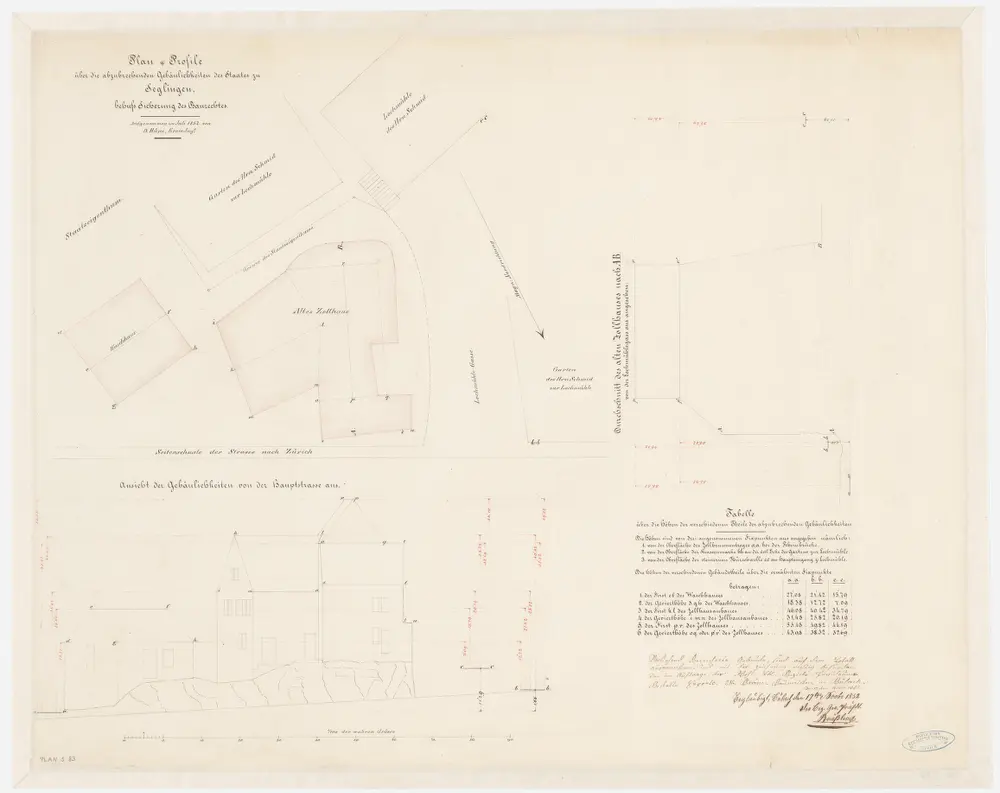 Eglisau: Strasse beim alten Zollhaus mit abzubrechenden Gebäuden des Staates; Situationsplan, Querprofil und Ansicht