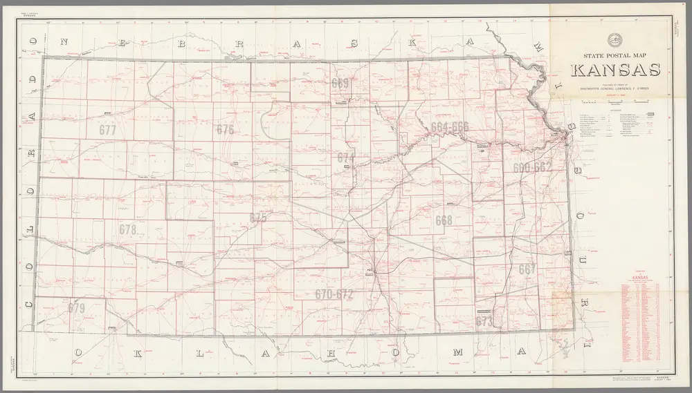 Post Route Map of the State of Kansas Showing Post Offices ... August 1, 1964.