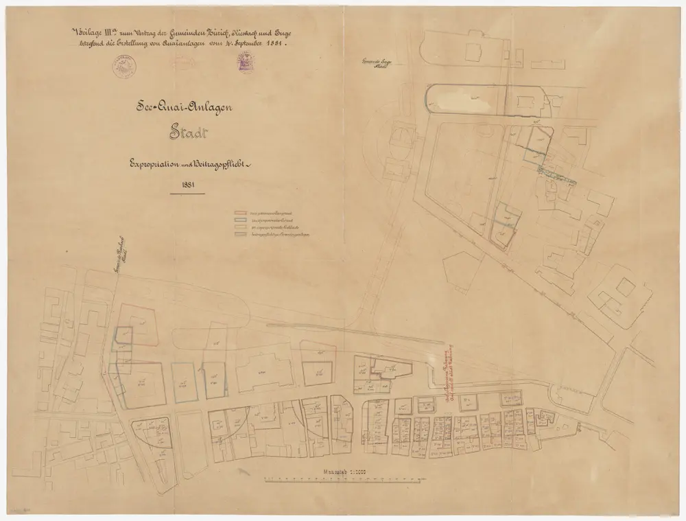 Zürich: Vom Schanzengraben bis zur Grenze zwischen Riesbach und Zürich, projektierte Seequaianlage, Katasterplan für Expropriationen und Beitragspflicht; Situationsplan (Zürichsee-Gebiet Nr. 8 a)