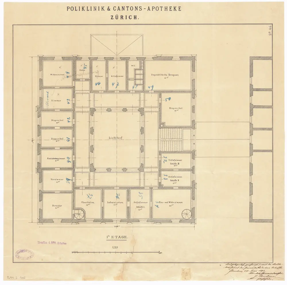 Poliklinik und Kantonsapotheke: 1. Stock; Grundriss (Nr. 46)