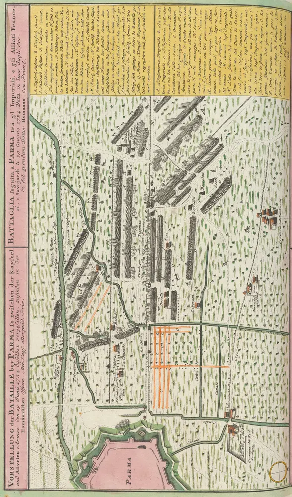 Vorstellung der Bataille bey Parma [...] [=] Battaglia seguita a Parma [...] [Karte], in: [Atlas factice], S. 215.