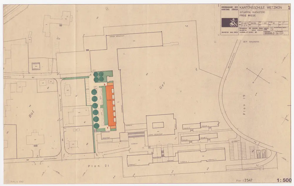 Wetzikon: Kantonsschule, Projekt Freie Wiese; Situationsplan (Katasterplan)