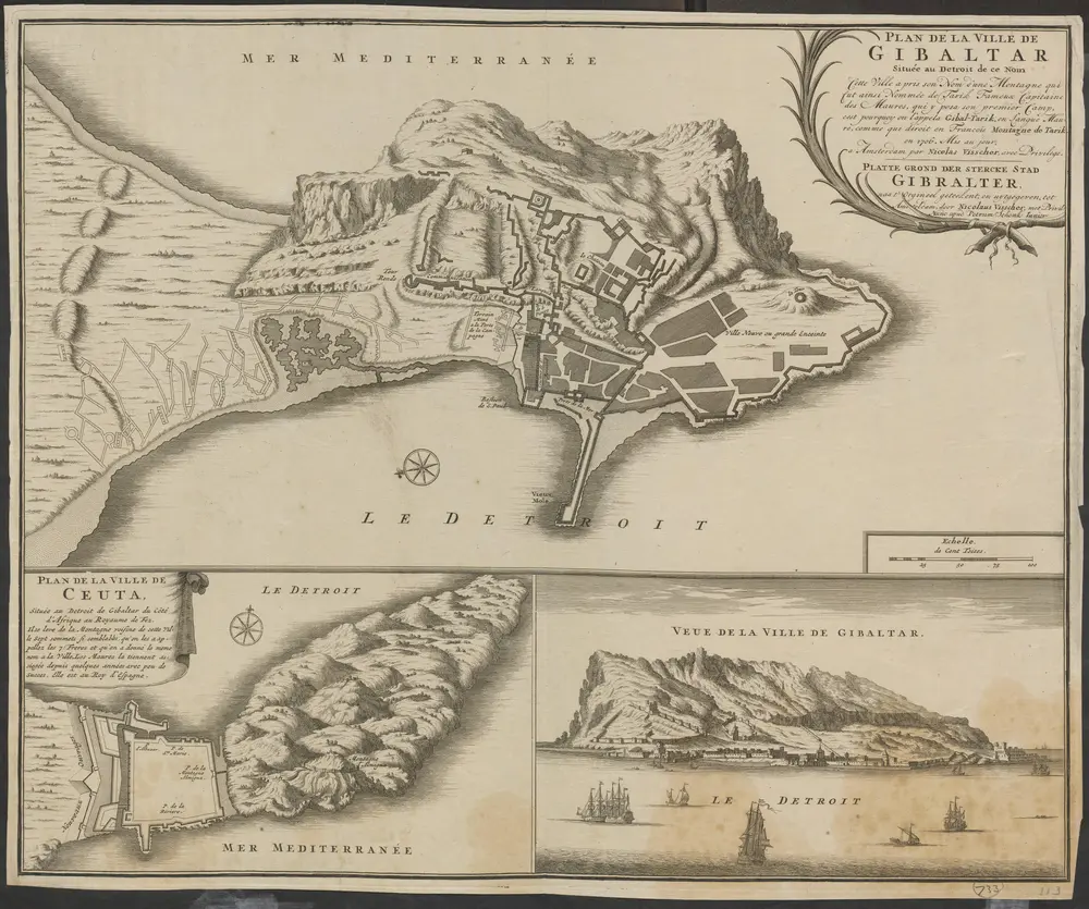 Plan de la ville de Gib[r]altar située au detroit de ce nom: cette ville a pris son nom d'une montagne qui fut ainsi nommée de Tarik Fameux Capitaine des Maures, qui y posa son premier Camp, cest pourquoy on l'appela Gibal-Tarik, en langue maure, comme […]