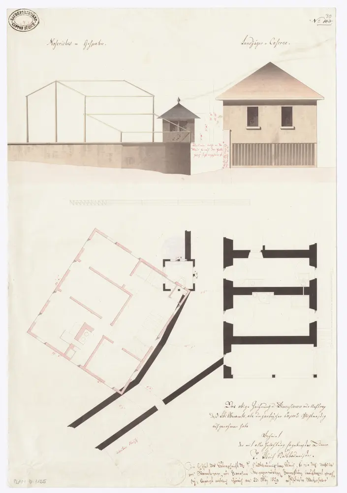 Projektierte Polizeikaserne am Oetenbach: Moser'sches Gespann und Landjäger-Kaserne; Ansicht und Grundrisse
