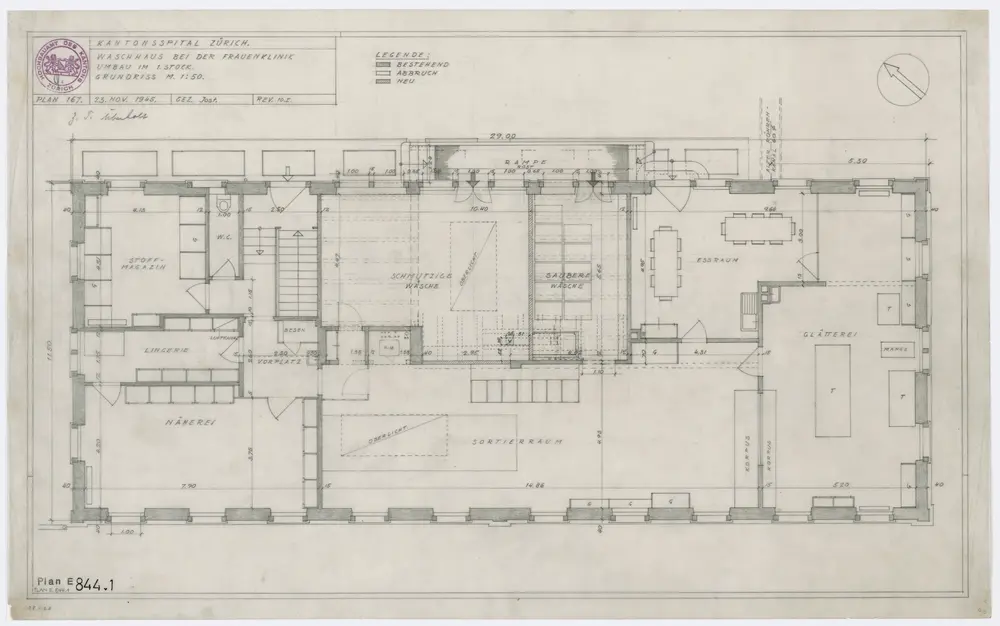 Zürich: Kantonsspital, Frauenklinik, Waschhaus, Umbau des 1. Stocks; Grundriss und Nordostansicht: Grundriss